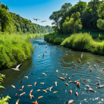 **Ecological Impact of Water**: 
   "A vibrant natural landscape depicting a river teeming with life, showcasing fish swimming and birds flying above. The scene should illustrate the essential role of water in supporting biodiversity, with lush vegetation along the banks and a clear blue sky overhead."