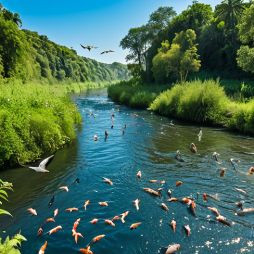 **Ecological Impact of Water**: 
   "A vibrant natural landscape depicting a river teeming with life, showcasing fish swimming and birds flying above. The scene should illustrate the essential role of water in supporting biodiversity, with lush vegetation along the banks and a clear blue sky overhead."