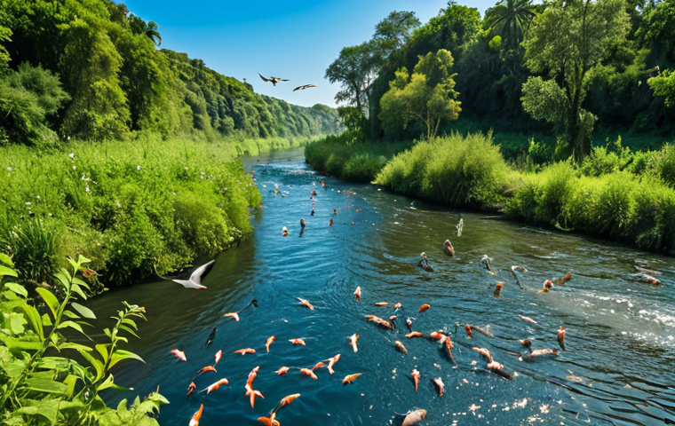 **Ecological Impact of Water**:
"A vibrant natural landscape depicting a river teeming with life, showcasing fish swimming and birds flying above. The scene should illustrate the essential role of water in supporting biodiversity, with lush vegetation along the banks and a clear blue sky overhead."